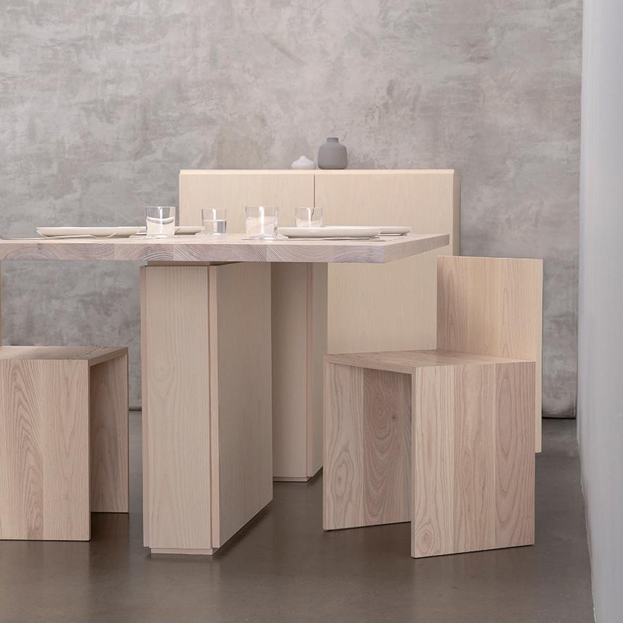 minimalist dining table, chairs and storage cabinet